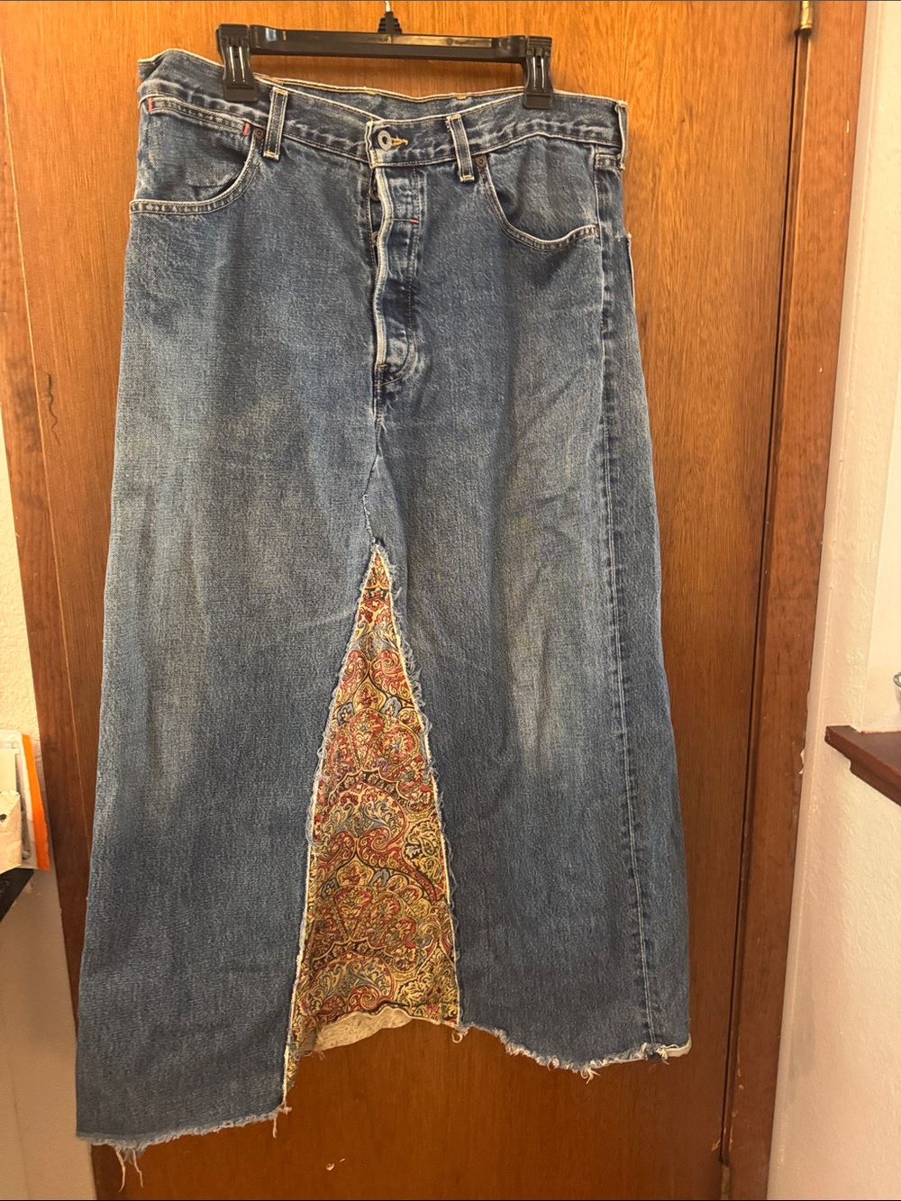 Blue Denim Maxi Skirt with Paisley Front Panel